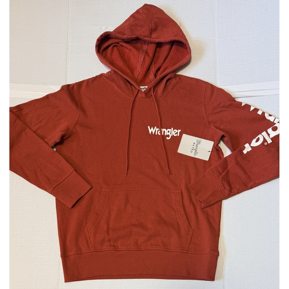 WRANGLER Retro - Men's Hoodie - Rust Orange Graphic Sleeve Pullover - Small NEW
